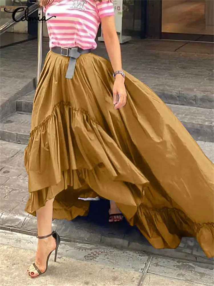 

Celmia Fashion Long Maxi Skirt Streetwear Faldas Women Casual Loose Asymmetrical Ruffles High Waist High Low Resort Swing Skirts
