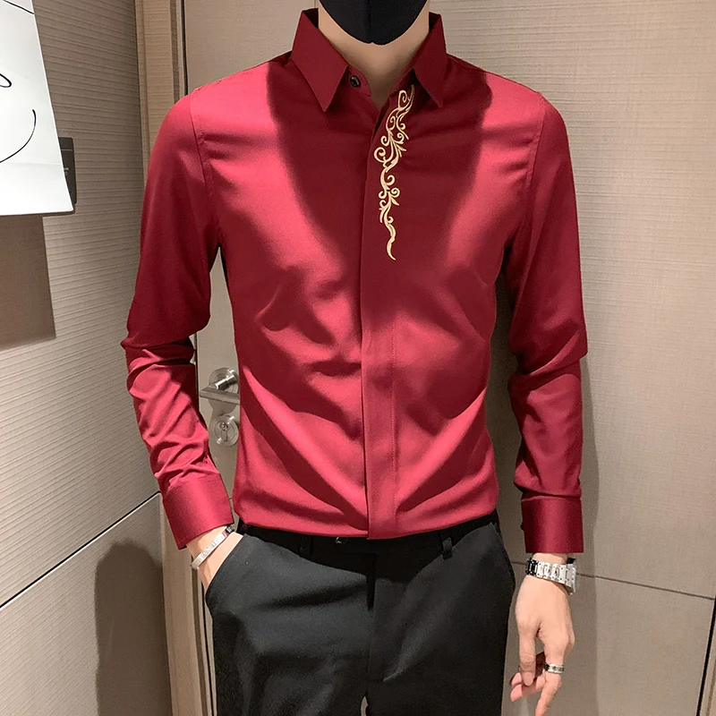

Vintage Embroidery Shirt Men Brand New 2022 Long Sleeve Men Shirt Solid Simple Mens Casual Shirts Slim Fit Business Formal Wear