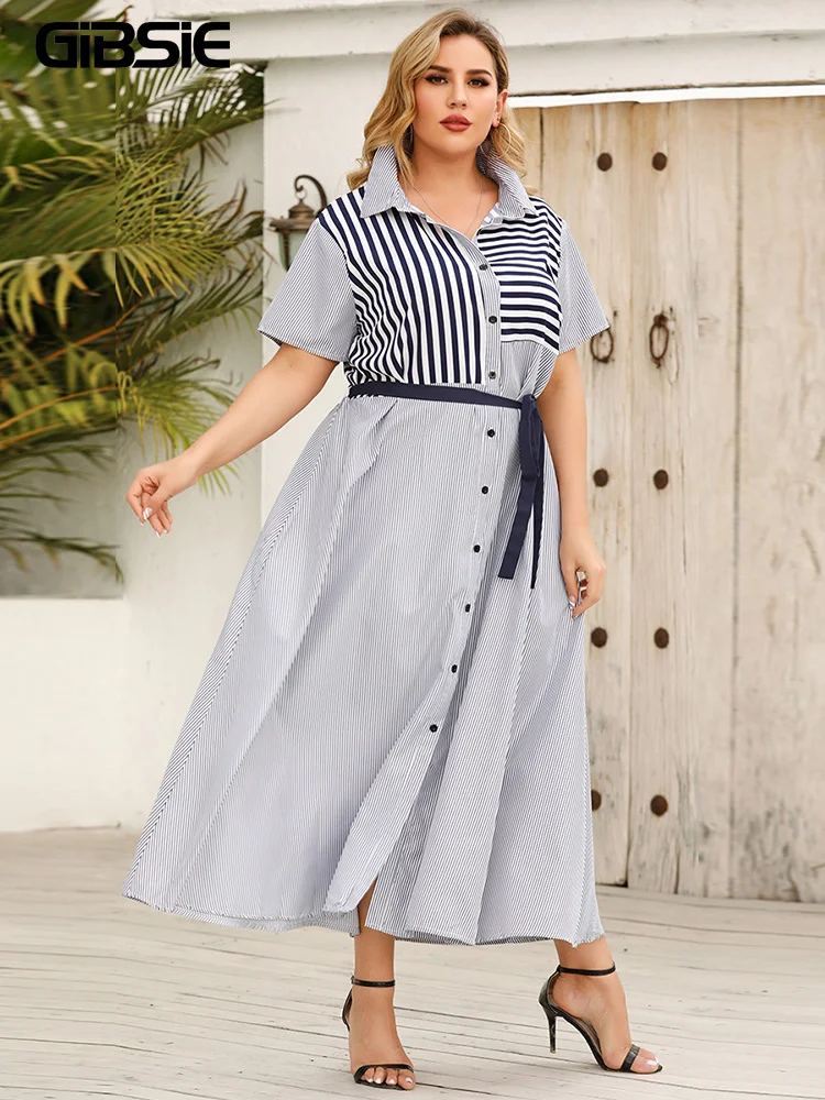 GIBSIE Striped Color Block Belted Shirt Dress Women Summer Short Sleeve A-line Casual Dresses Plus Size Office Maxi Long Dress