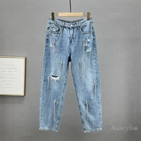 loose tasseled jeans womens fashion 2022 spring summer new high waist european goods baggy pants blue denim trousers