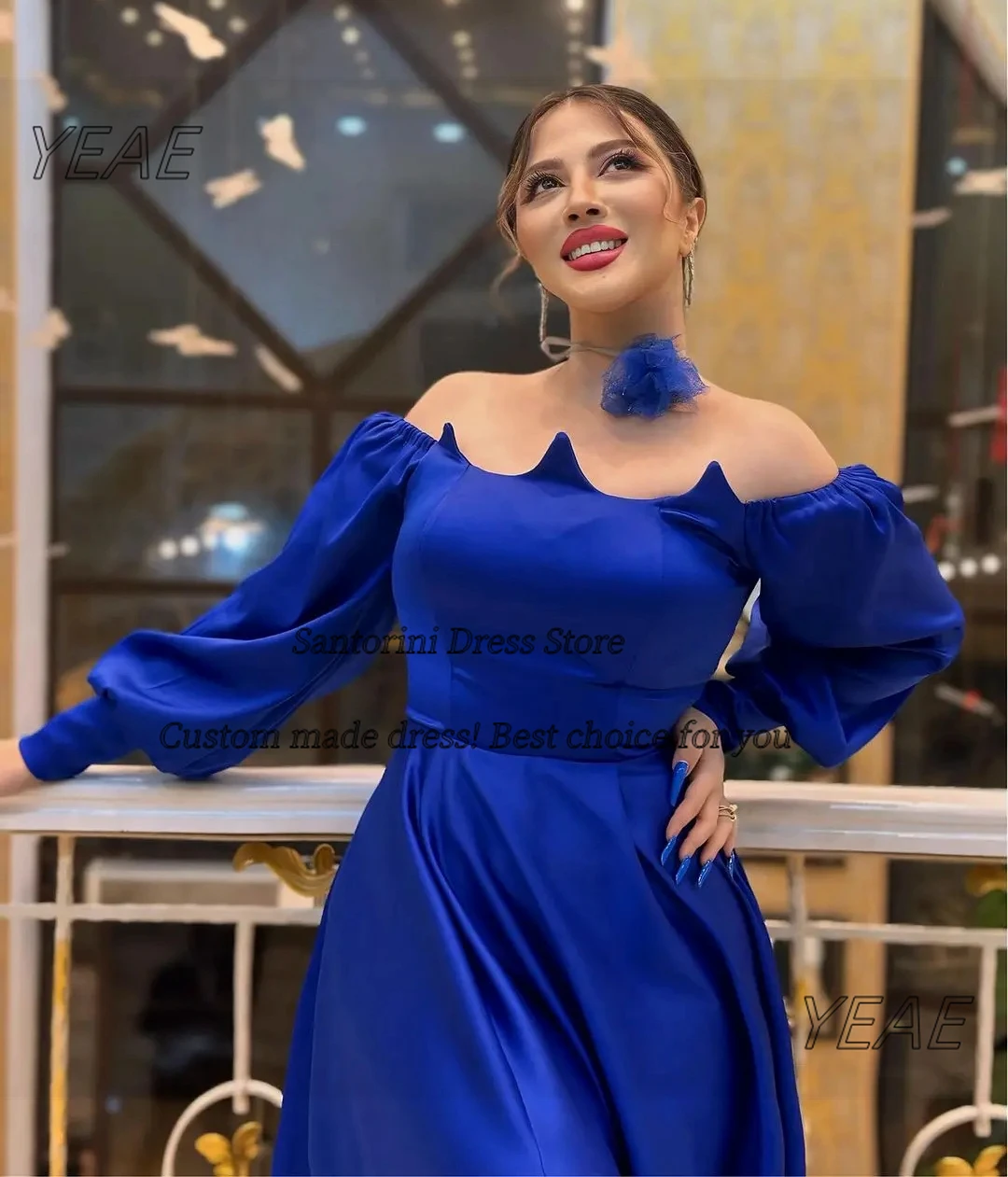 Фото Santorini Royal Blue Prom Dresses Plus Size Women Wear Long Sleeves Evening Gowns Side Slit Sexy Wedding Party Dress №3