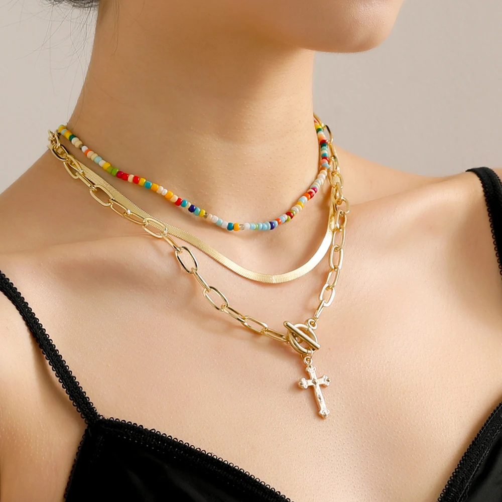 

Lost Lady 2022 Creative Colorful Three-Layer Cross Ladies Necklace With The Same Style Personality Girl Birthday Gift Jewelry