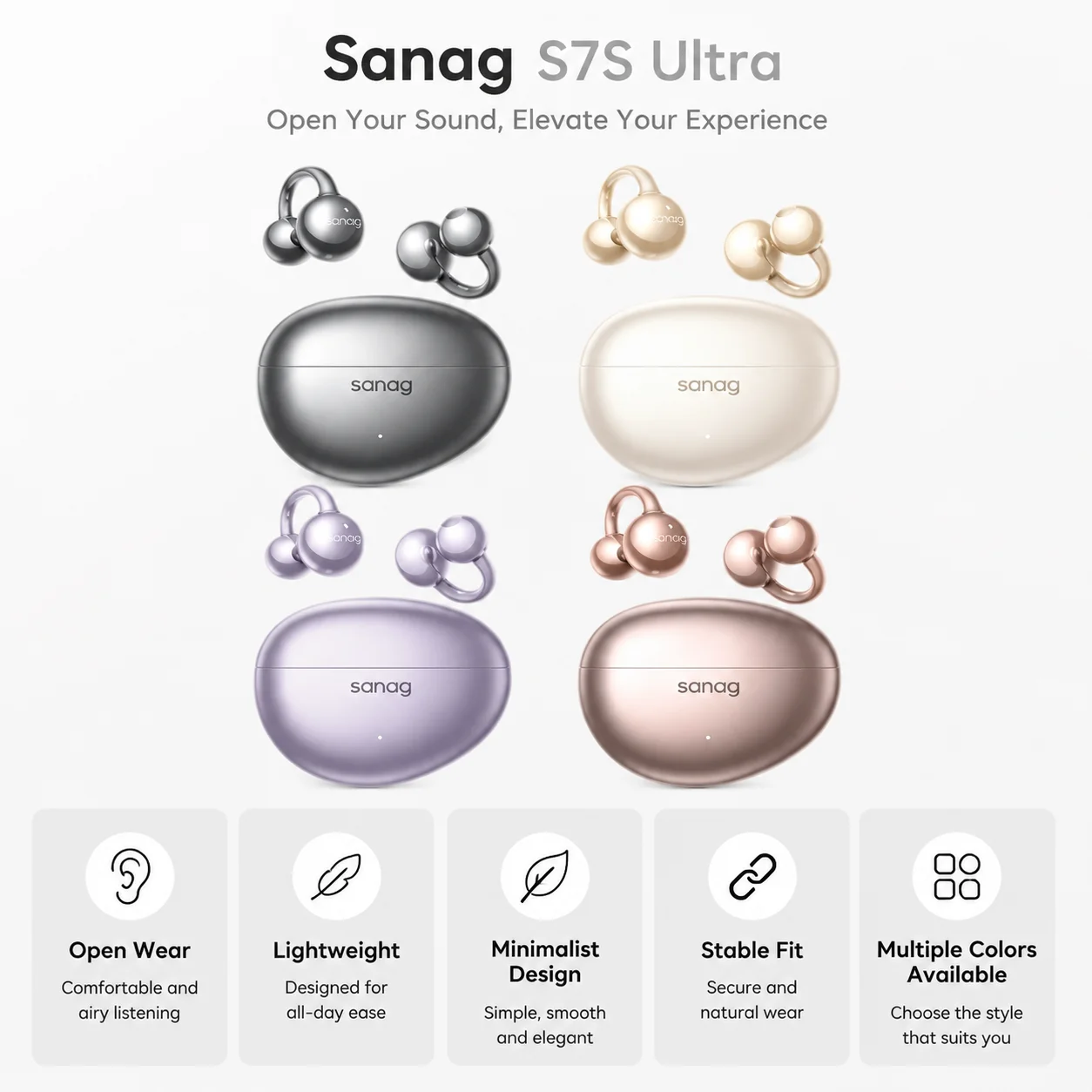 Фото Наушники Sanag S7S Ultra Clip-On Open Ear: Hi-Fi басы, AI для четкого звонка, 45 часов работы, водонепроницаемые, беспроводные, комфортные, легкие. №1