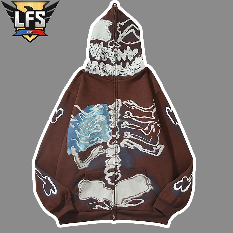 

Y2K Grunge Skull Skeleton Bones Print Emo Zip Up Hooded Sweashirts Harajuku Casual Punk Gothic Men Clothes Hip Hop Hoodie Jacket