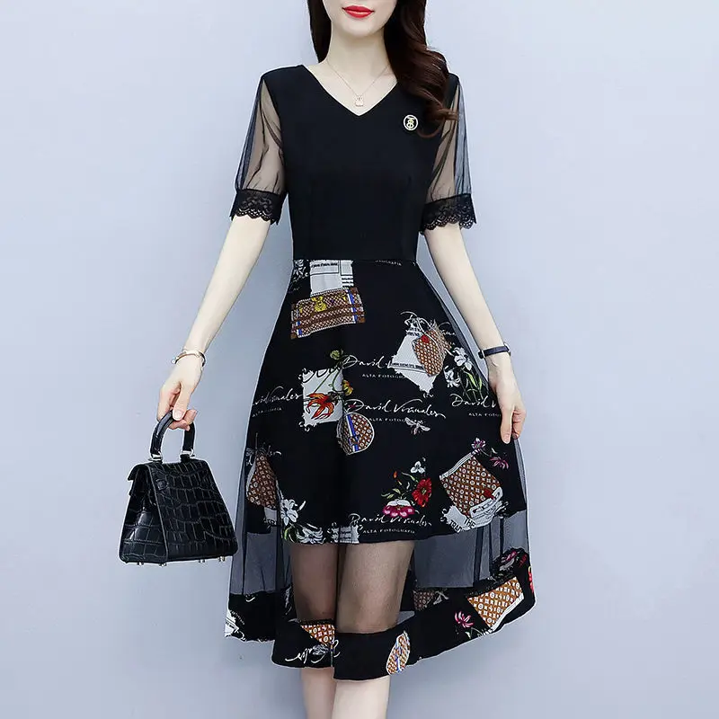 Женское винтажное кружевное платье с коротким рукавом V-образным вырезом и