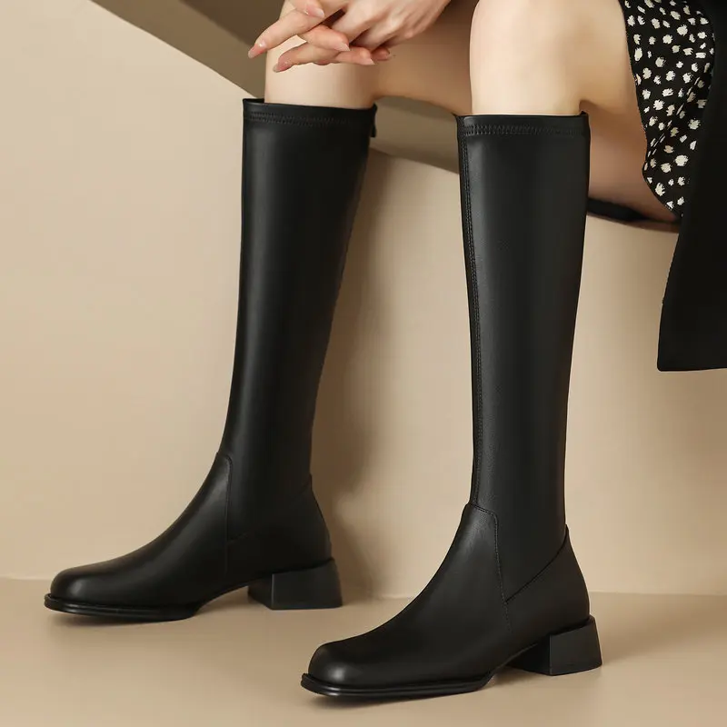 

Elegant Square Toe Women Knee-High Boots Autumn Winter Genuine Leather Back Zipper Med Heels Office Lady Shoes Woman
