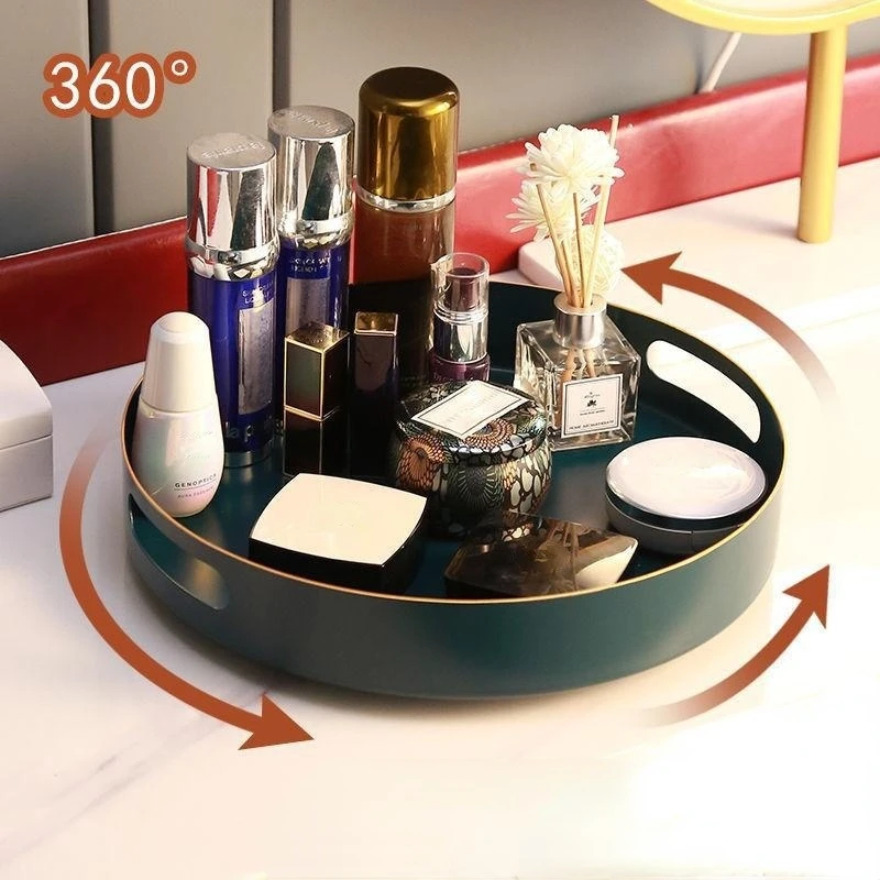 

Rotatable Light Luxury Metal Tray Dressing Table Round Decoration Skin Care Products Perfume Lipstick Box Jewelry Display Tray