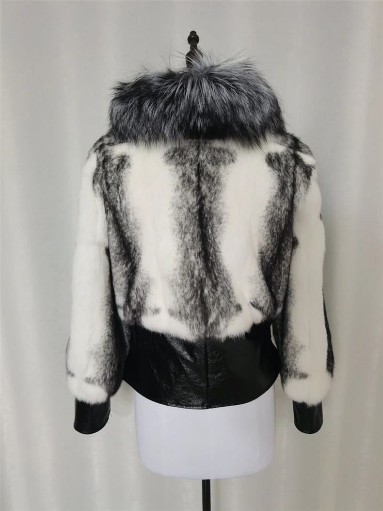 New Winter Women Real Rex Rabbit Fur Coat Leather Jacket Natural Angora Rabbit Fur Outerwear Large Fox Fur Collar Thick Warm Zip