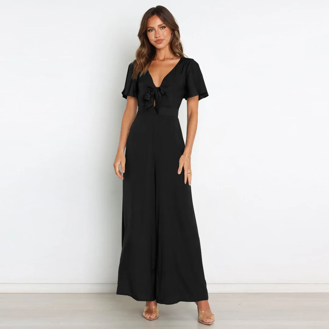 

Fashion Female Ruffles Sleeve Jumpsuits Streetwear Casual V Neck Sexy Tie Bow Wide Leg Loose Black Summer Romper Ladies Clothing