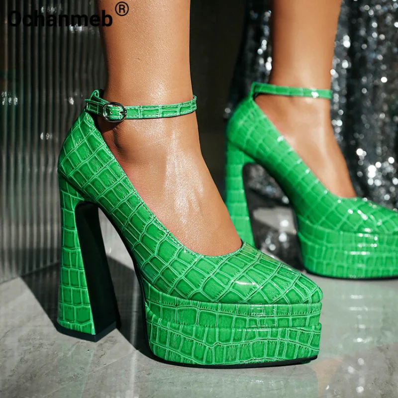 

Женские крокодиловые туфли Ochanmeb, зеленые модельные туфли на массивной платформе и высоком блочном каблуке, с пряжкой на щиколотке, модель 43