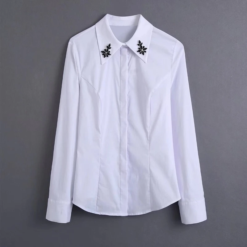 

Bejewelled White Cotton Shirt Women Spring 2022 New Clothing Long Sleeve Blouse Female Casual Top