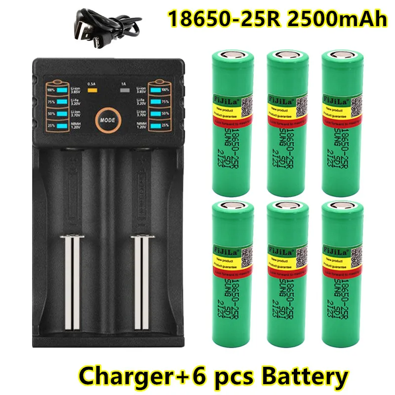 

100% original novo 18650 2500mah bateria inr18650 25r 20a baterias de lítio de descarga + carregador