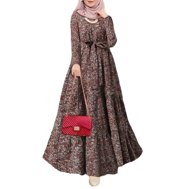 Spring Floral printed Women Dress Long Sleeve O-Neck Islamic Clothing Button Cuffs Kaftan Turkey  Casual Sundress  عباءات
