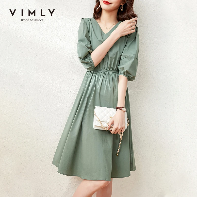 VIMLY Dresses For Women Elegant High Waist Elastic V Neck Dress Fashion Three Quarter Lantern Sleeve Summer Dress Vestidos F6719