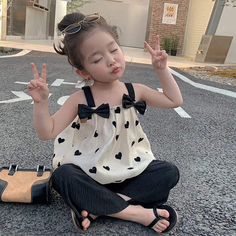

Bowknot suspender Top + wide leg pants two piece set kids clothes girls fashion clothes spanish baby clothes 4-6y