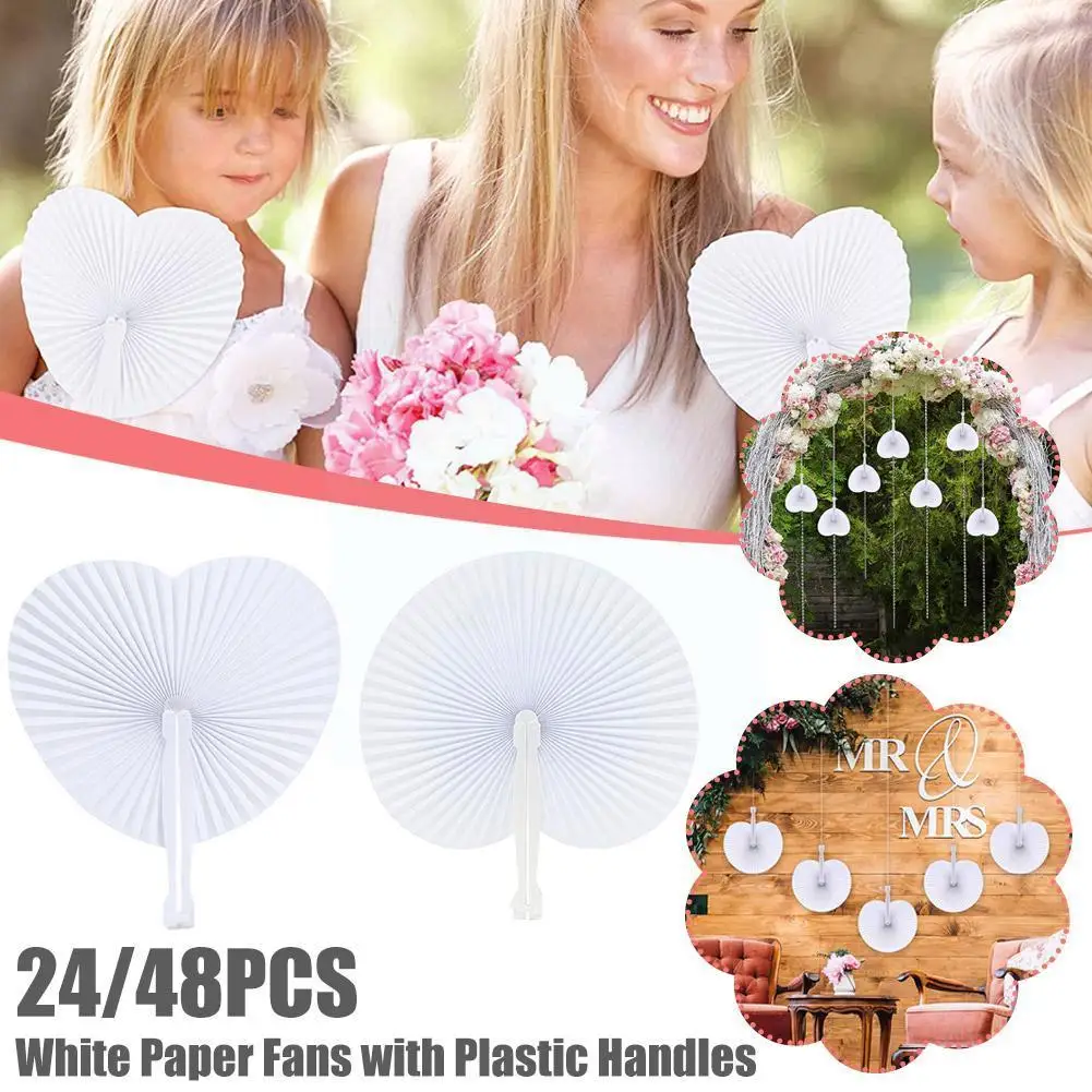 

24/48 PCS White Folding Paper Fans Round Heart Shaped Assortment With Plastic Handle For Wedding Favor Party Bag Filler R2V4