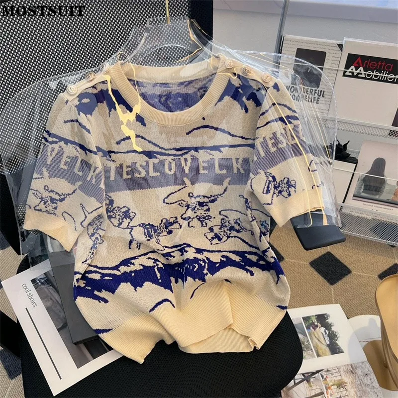 

Summer Jacquard Vintage Knit Pullover Sweater Women Fashion Ladies Elegant Top Tees Short Sleeve Round Neck Women's Knitwear