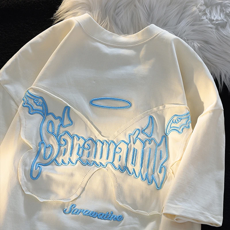 

Футболка женская с вышивкой бабочки, креативная свободная хлопковая рубашка с коротким рукавом, с круглым вырезом, топ в стиле Харадзюку, большие размеры, на лето