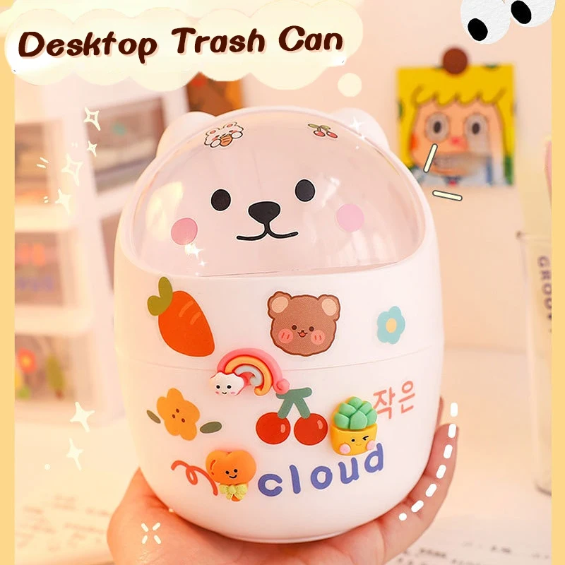 

Cute Cartoon Bear Desktop Trash Can Creative Flip Lid Design Mini Desktop Organizer Pen Holder Stationery Miscellaneous Storage
