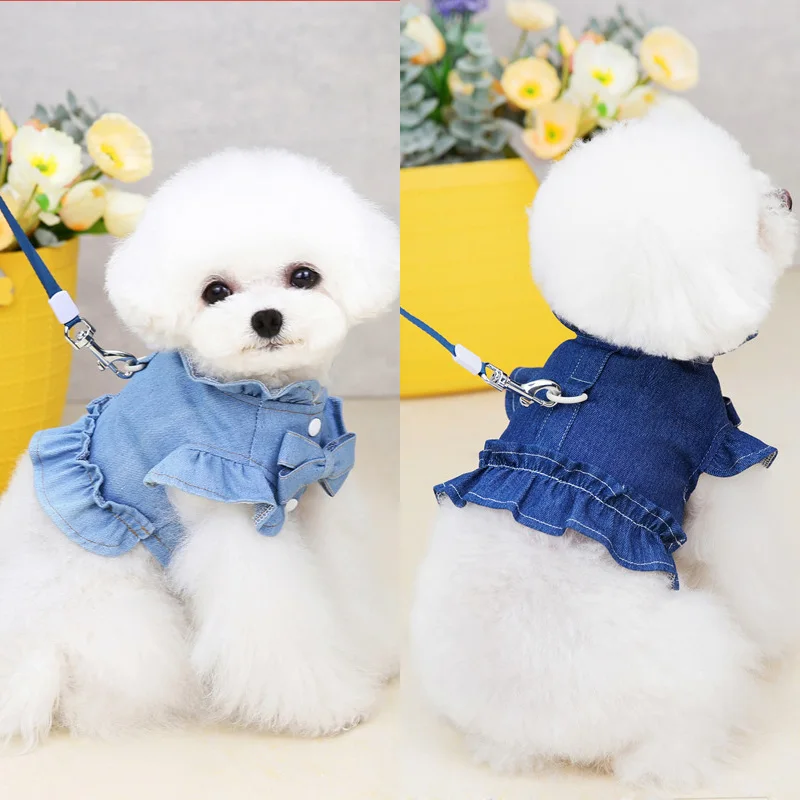 

Dog Comfortable Convenient Denim Skirt with D-ring Puppy Dresses