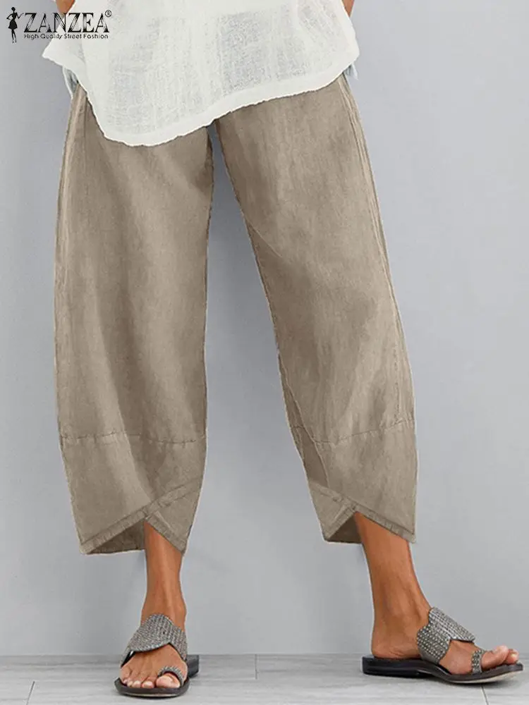 

Брюки ZANZEA женские хлопковые в винтажном стиле, Летние повседневные эластичные свободные однотонные брюки-султанки в стиле палаццо, с принт...