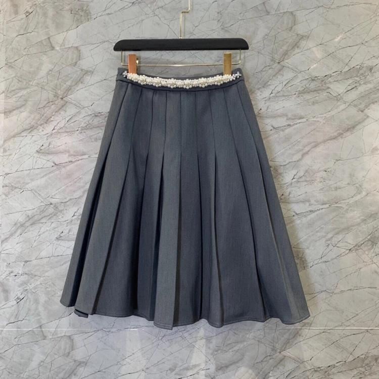 

2022 new women fashion college style pearl waist high-end heavy industry skirt 1227