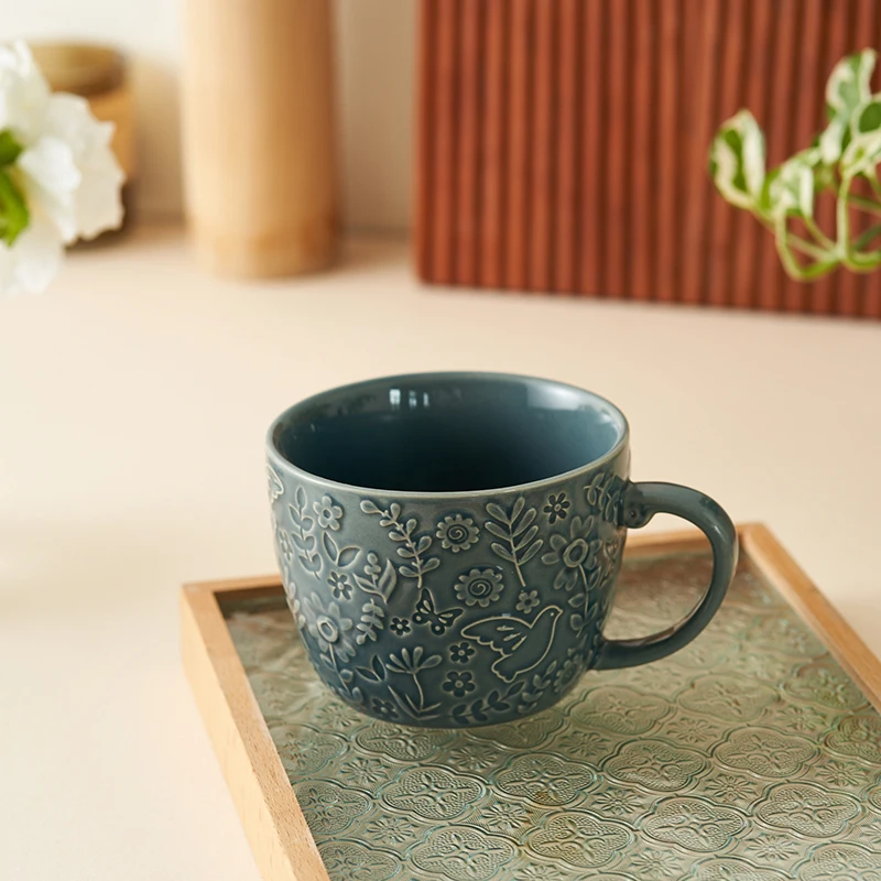 Керамические кофейные чашки QIEKE 500 мл винтажные зелёная синяя