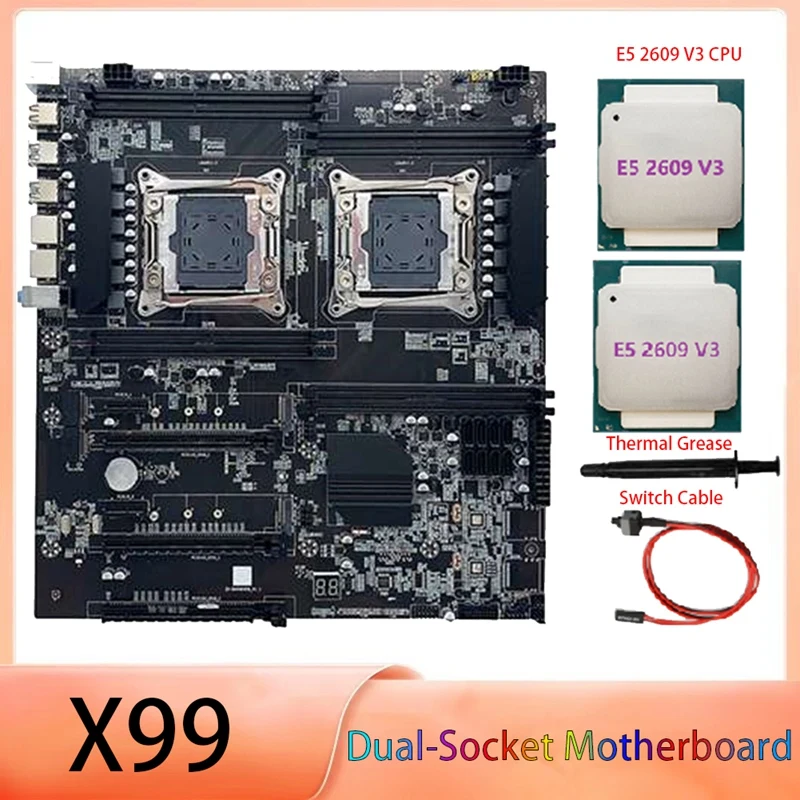 

Материнская плата X99 с двумя разъемами, двойной процессор, поддержка памяти DDR4, с процессором 2XE5-2609 V3, кабелем переключателя и набором термопасты