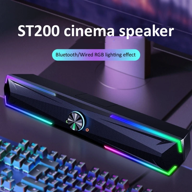 New RGB Desktop Soundbar 2.0 Channel Gaming Computer Speaker USB Wired Stereo Bluetooth Speaker Support Headset Microphone Input