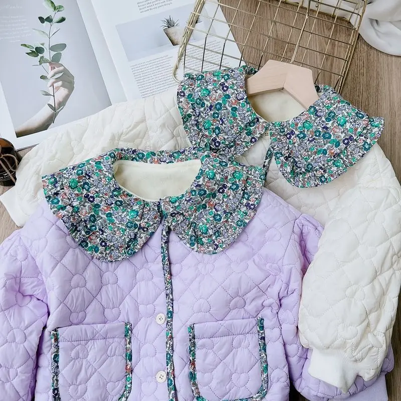 

Winter Korean Kids Clothes Floral Collar Baby Girls Coats Thicken Warm Children Cotton Padded Outerwear Casual Cotton Cotton