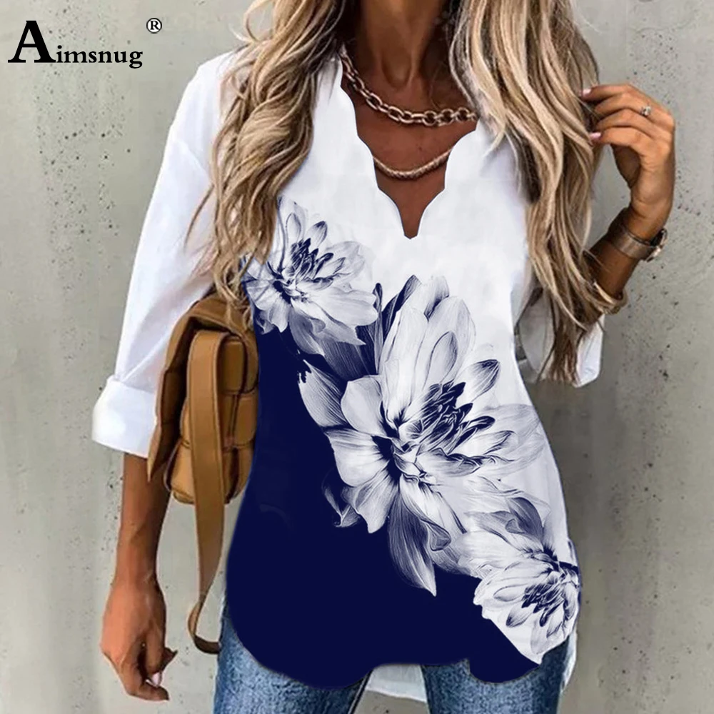 Ladies Elegant Shirt V-neck Blouse Women Long-Sleeved Top Pullovers 2022 Autumn Bohemian Flower Print Shirts Clothing Size S-5XL