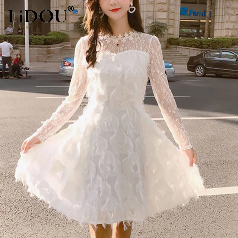 

Женское кружевное платье в стиле пэчворк, элегантное привлекательное вечернее платье с длинным рукавом и бахромой из перьев, осень 2022