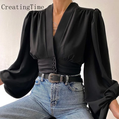 Creatingtime Fashion Woman Blouses 2023 V-neck Lantern Sleeve Patchwork Printing Pleated Button Shirt Spring Winter New LH453