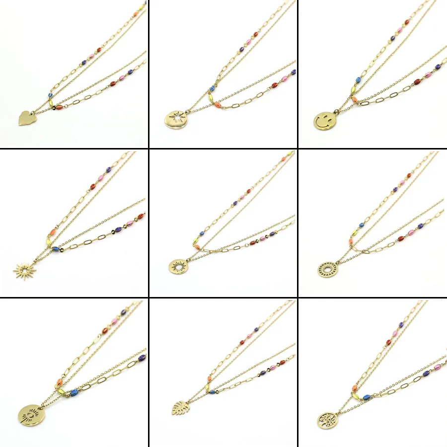 

Trend Splicing Enamel Chain Choker Female Stainless Steel Gold-plated Color Double Chains Pendant Necklace For Women Jewelry