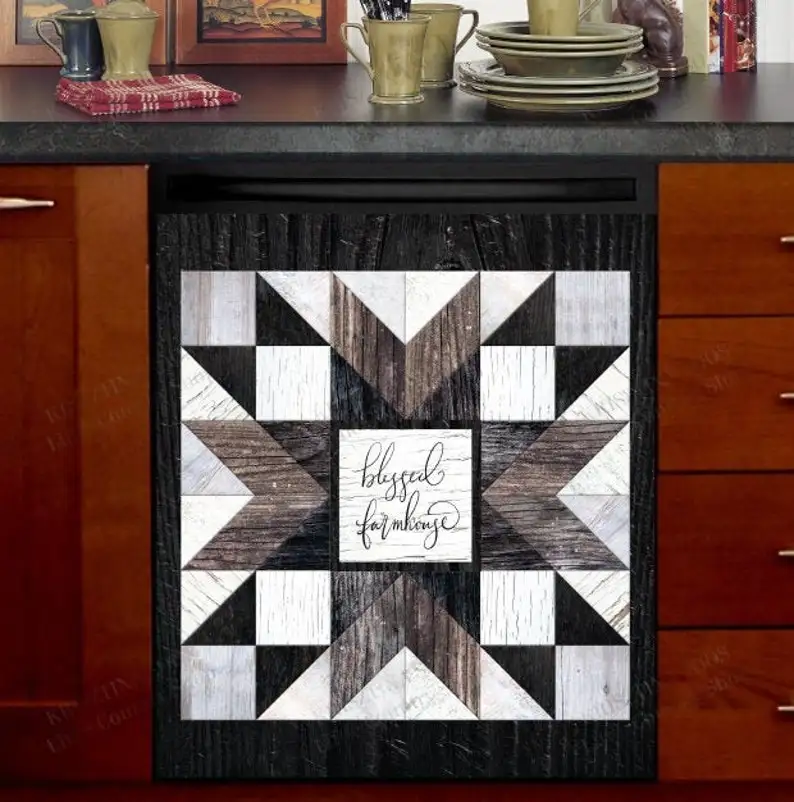 

Kitchen Dishwasher Magnet Decor Cover - Country Farmhouse Barn Wood Quilt Tiles #2