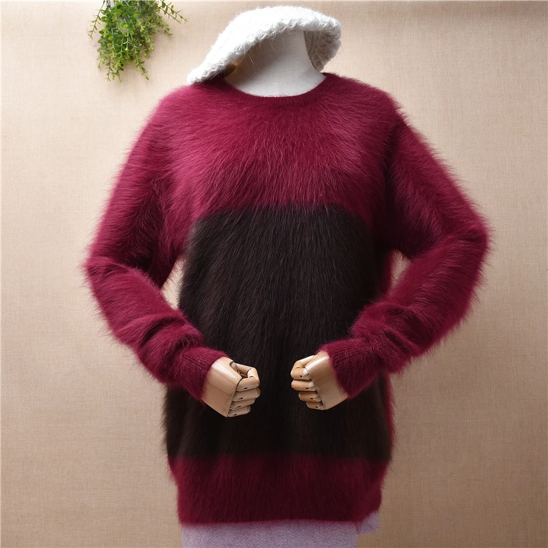 

Ladies Women Spring Winter Clothing Colored Hairy Mink Cashmere Knitted Long Sleeves O-Neck Loose Angora Pullover Jumper Sweater