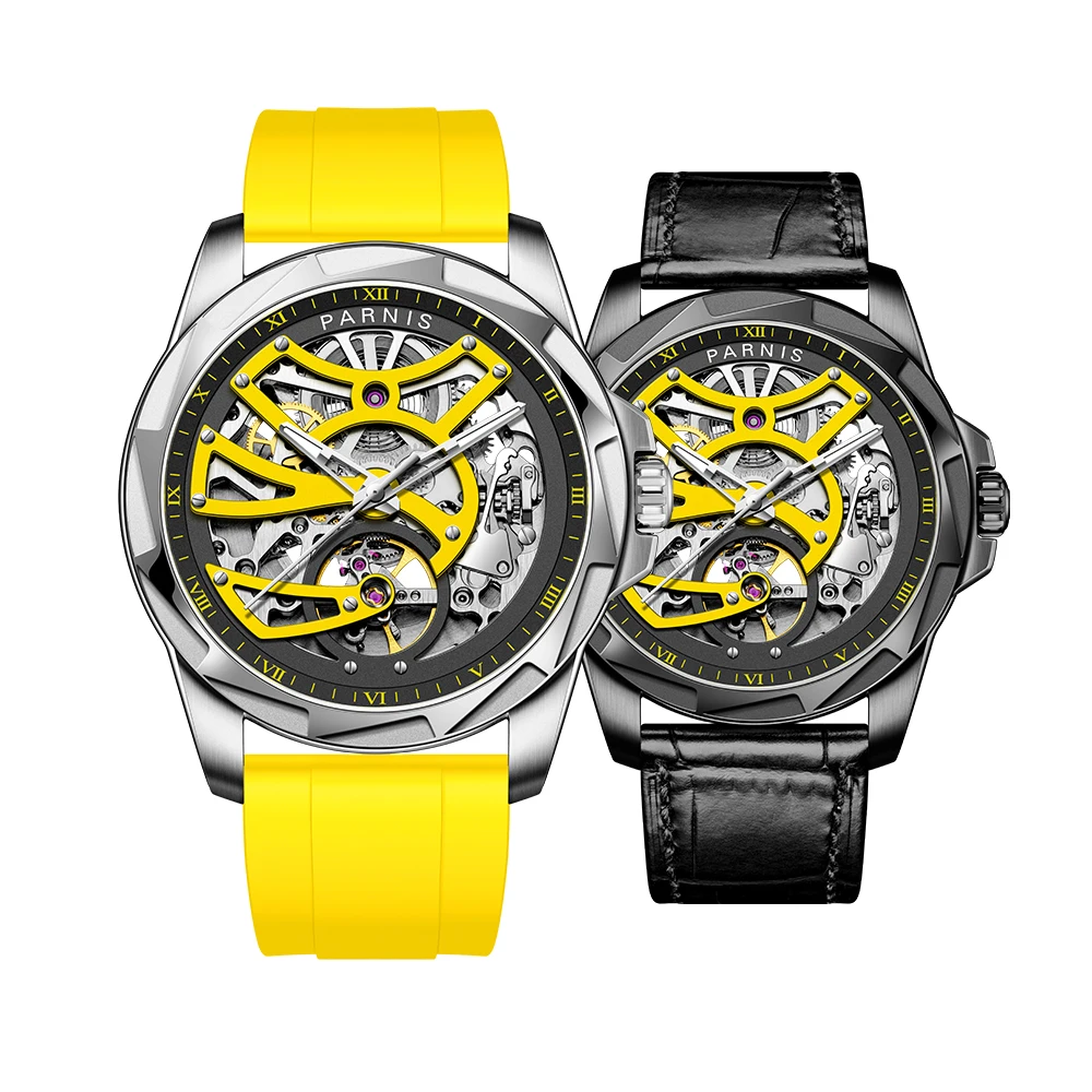 

Fashion Parnis 43mm Silver Case Men's Watch Sapphire Crystal Rubber Strap Automatic Mechanical Watches With Box Gift Man Clock