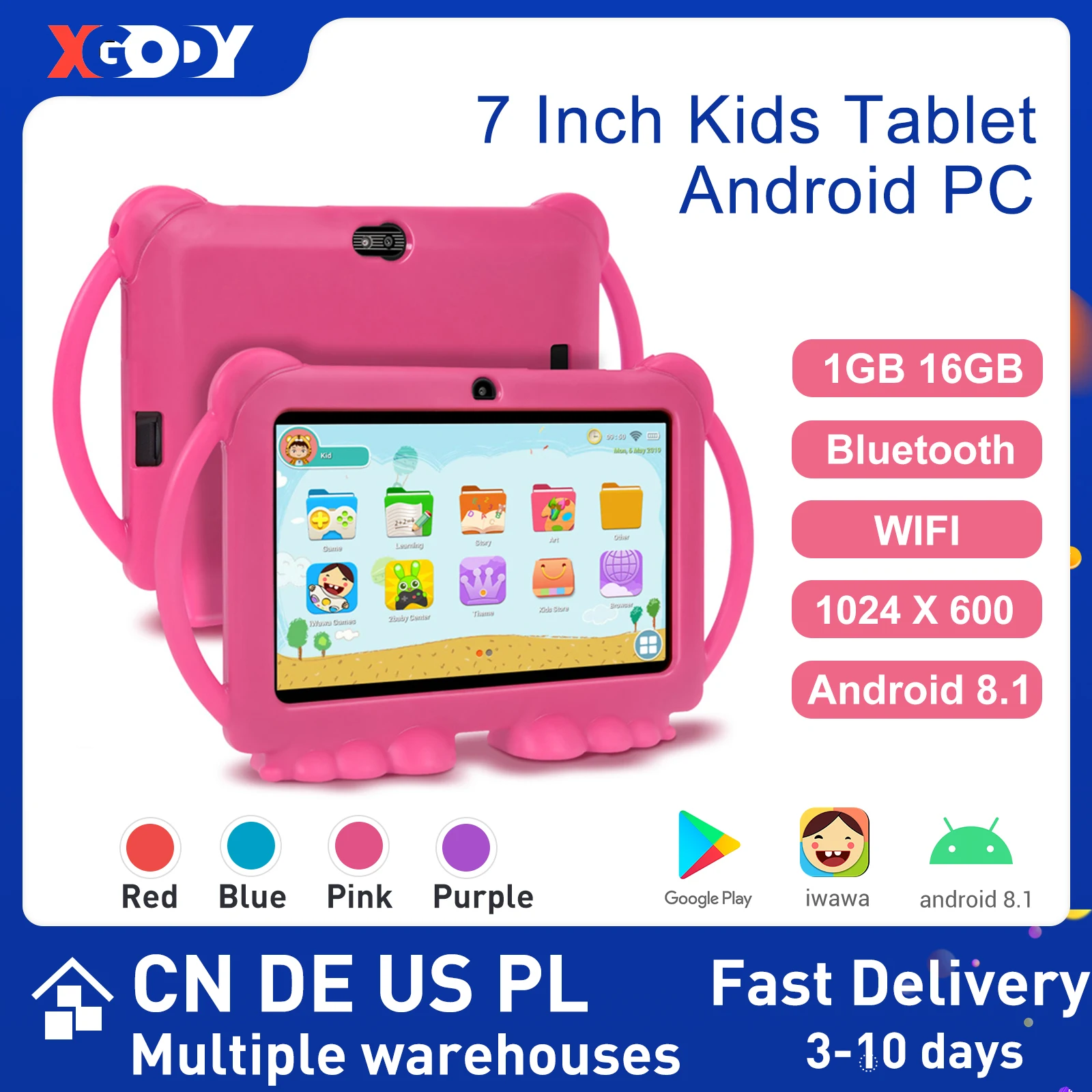 

XGODY 7 Inch Kids Tablet PC Android 8.1 Children Learning Tablet 1GB 16GB Quad Core 1024x600 Tablets With Silicone Case WiFi