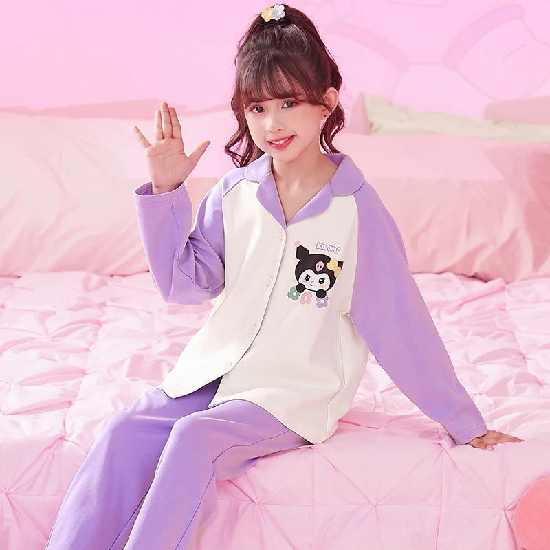 

New Sanrio Kuromi Cinnamoroll Pajamas Girls Children Autumn Cotton Long-Sleeved Cartoon Hello Kitty Home Clothes Sets Halloween