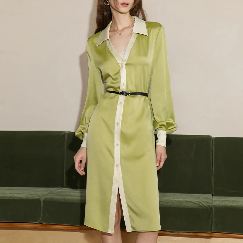 

French minority color contrast lantern sleeve dress women's waist closing temperament commuter long shirt skirt