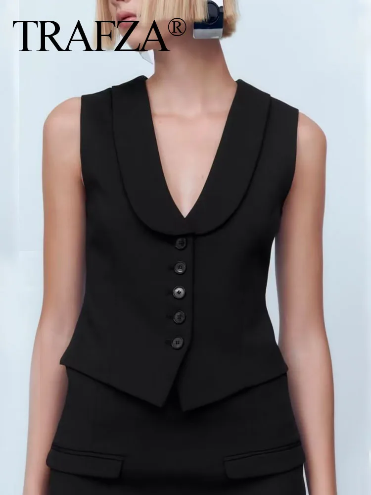 

TRAFZA 2023 Female New Fashion Clothing Solid Color Turn-Down Collar Sleeveless Single-Breasted Summer Casual Vests For Women