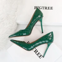 bigtree shoes rivet women pumps 2022 new high heels stiletto pu leather women heels sexy party shoes female heeled plus size 43