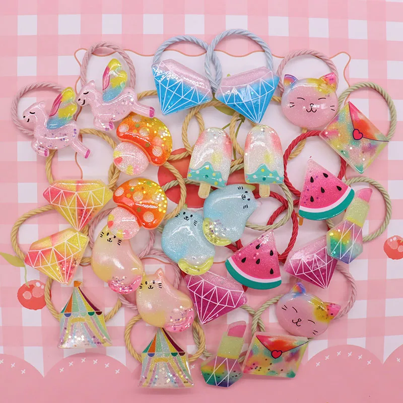 

26Pcs Diamond Cat Popsicle Tent Fruit Hair Bands Decorations Ties Hairband Kids Headband Hair Rope Hair Accessories Party Gift