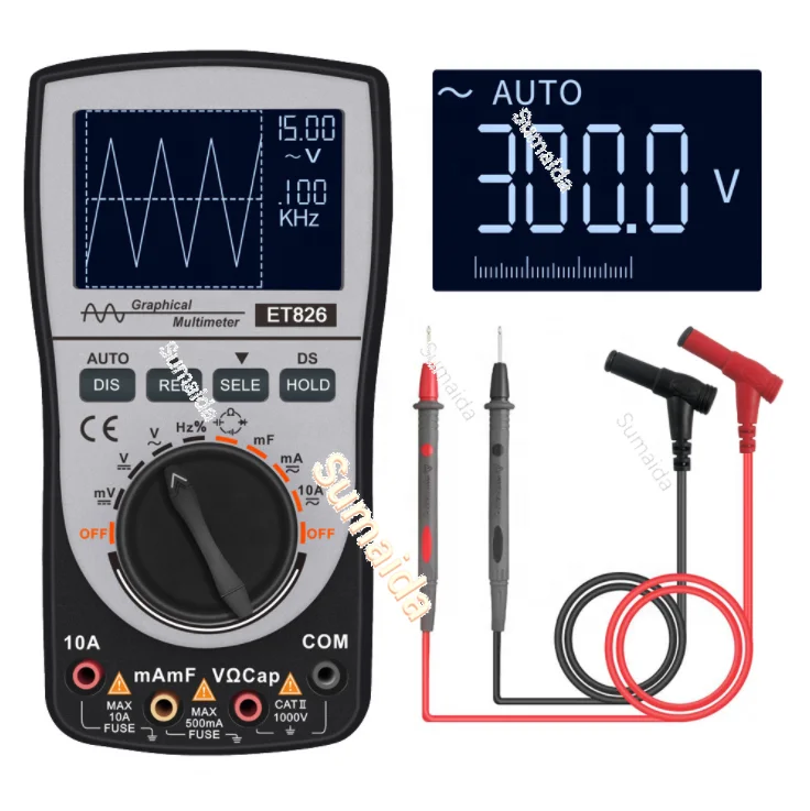 

ET826 Digital Oscilloscope Multimeter DC/AC Current Voltage Resistance Frequency Diode Tester with 4000 Counts 20KHz