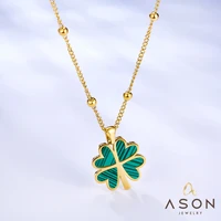 asonsteel pandent necklace gold color stainless steel green four leaf clover charm trendy necklace 455cm for women daily wear