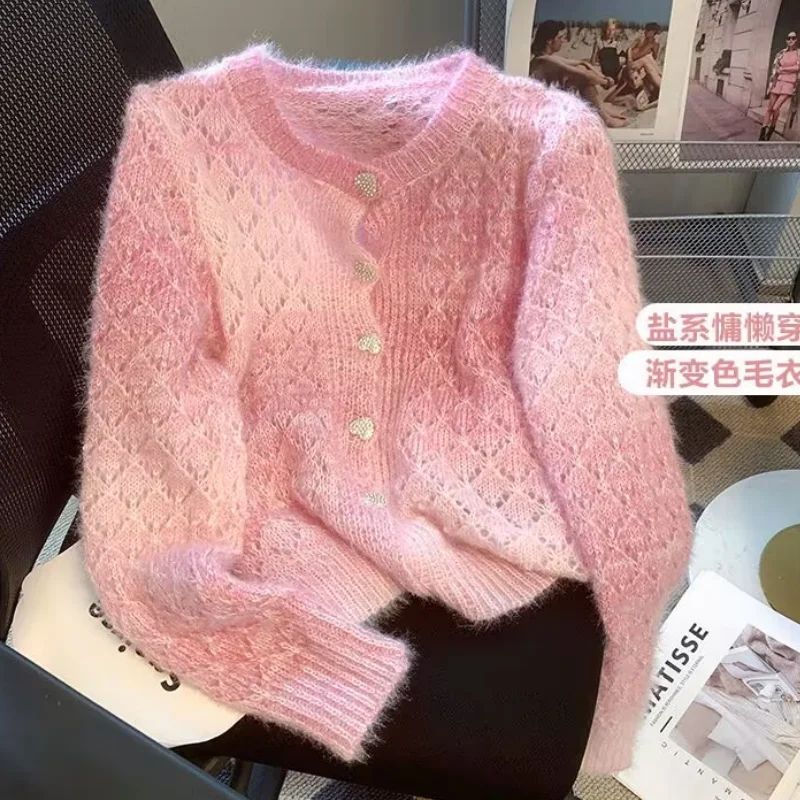 Женский трикотажный кардиган повседневная короткая кашемировая куртка розового