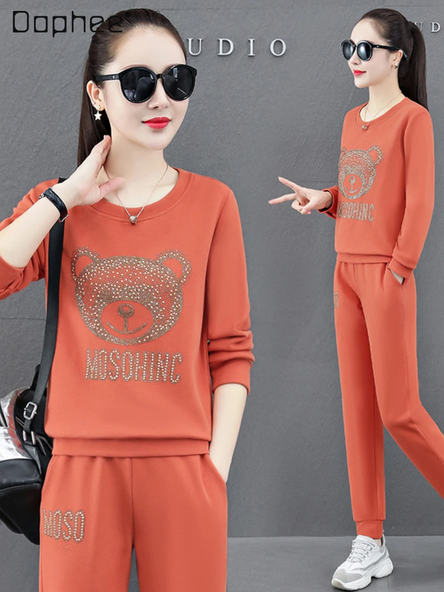 Casual Woman Juicy Coutoure Tracksuit Orange Sports Letters Diamonds Long Sleeve Pullover Hoodies and Pants Suit Outfits Female