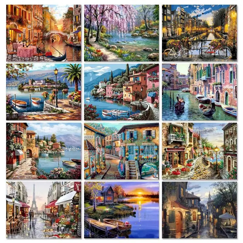 

Gatyztory Town Scenery Diamond Painting Full Square Rhinestone Pictures 5D Diamond Embroidery Decoration Home Art Kit