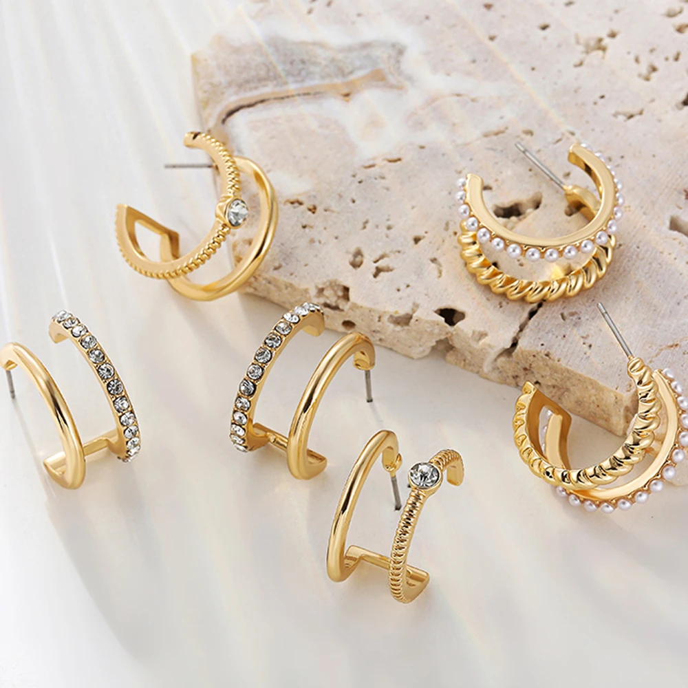 

Elegant Temperament Double-Layer Hollow CC Shape CZ Hoop Earrings Women Water Drop Pearl Circle Ear Jewelry Wedding Gift Bijoux