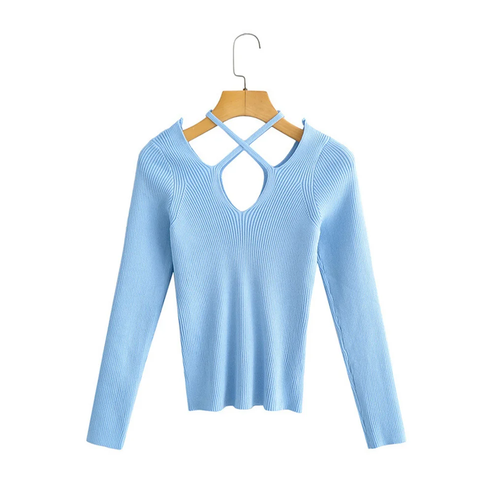 

New Women Knitwear Sexy Off-the-shoulder Long-sleeved V-neck Suspender Knitted Long-sleeved Bottoming Shirt All-match Thin Top